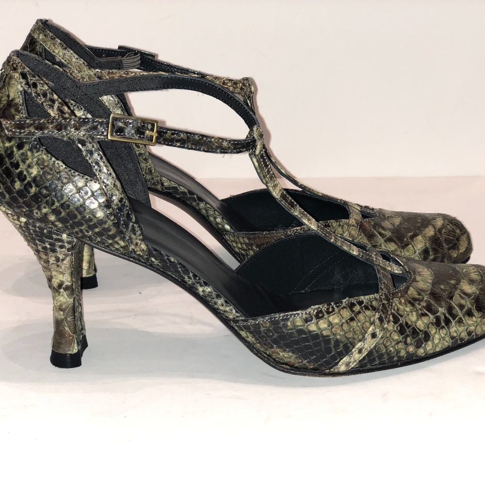 Stuart Weitzman Green Strappy Python Kitten Heels - image 5